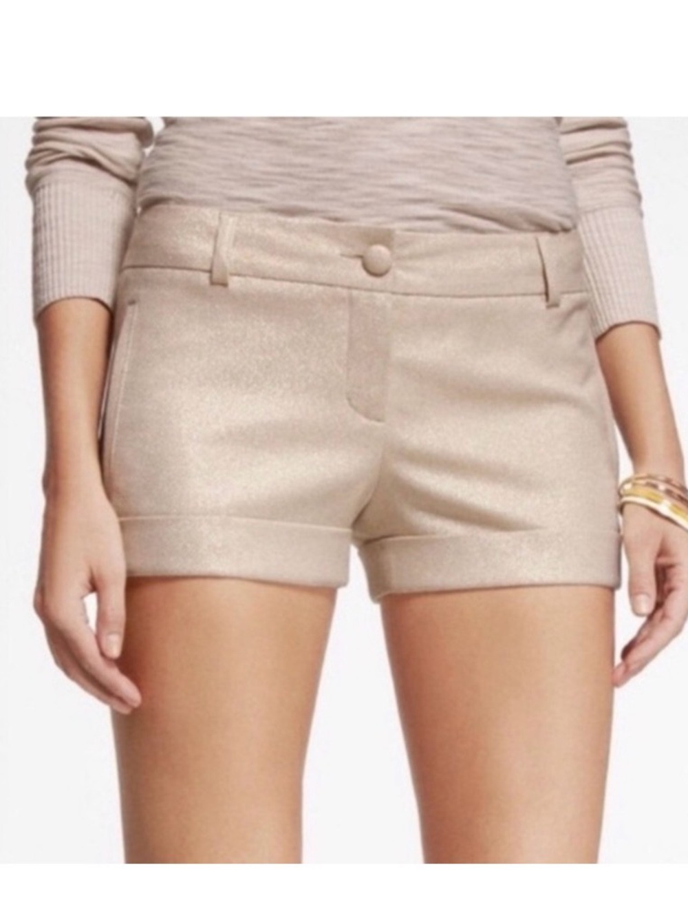 Express Metallic Gold Cream Cuffed Dressy Shorts Size 2 [CH]